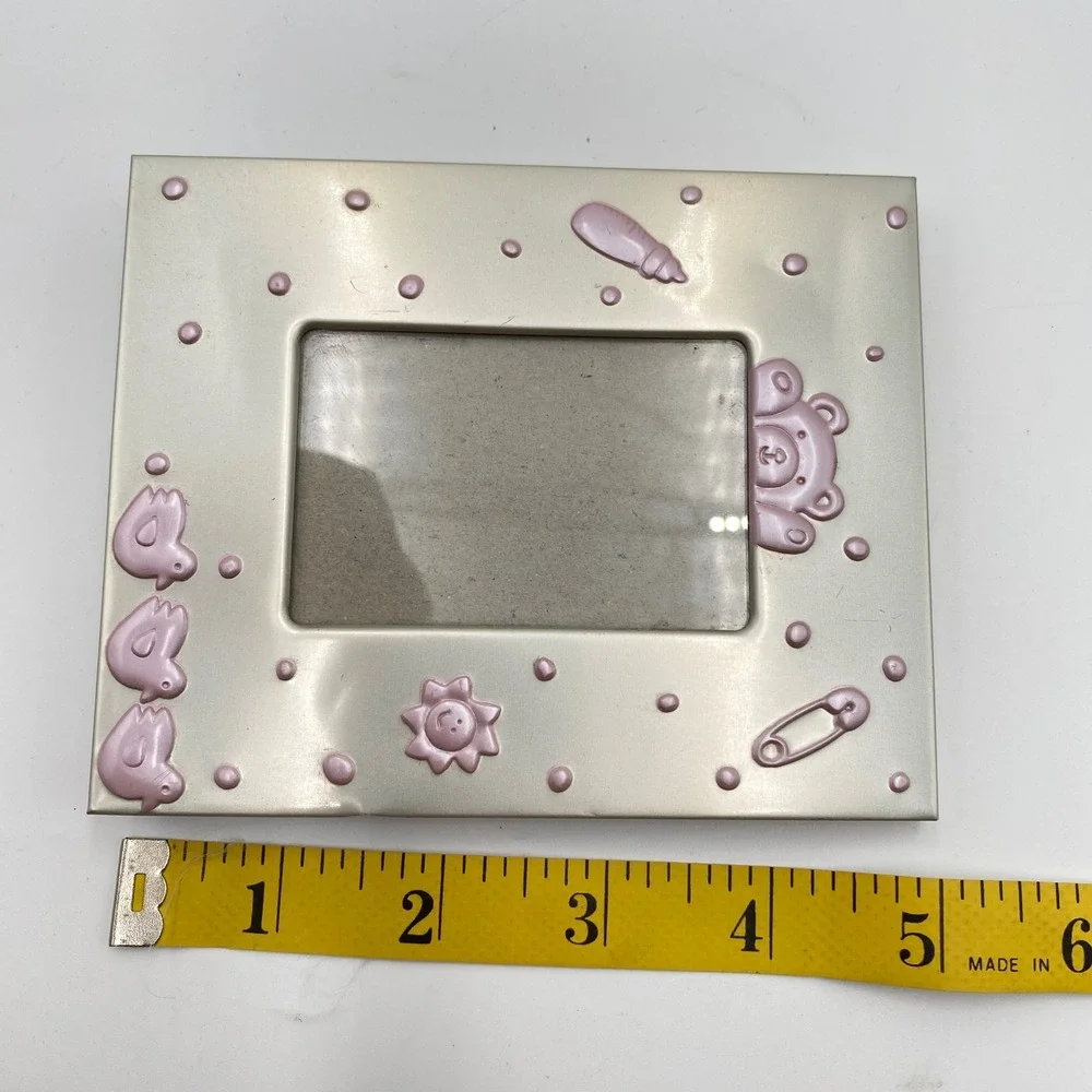 Baby Photo Frame Pink Teddy Bear Chicks Safety Pin Metal Design Tabletop Display